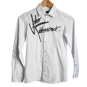 John Richmond Button Down Dress Shirt Boy’s 12 White Black Chest Logo Cufflinks